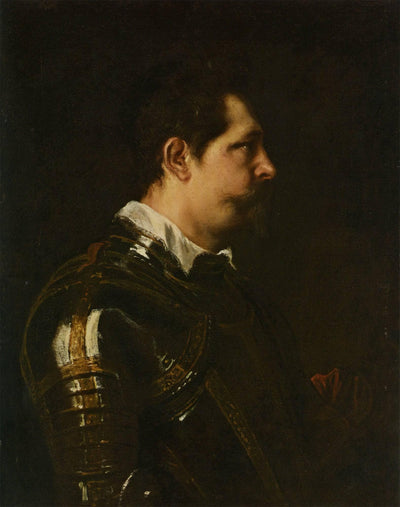 Portrait of a Military Commander bust length in Profile in Damascened armour with white colland red sash in kitchen