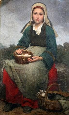 Portrait of a seated girl, holding a basket of eggs by Émile Auguste Hublin — Oil Painting Reproduction