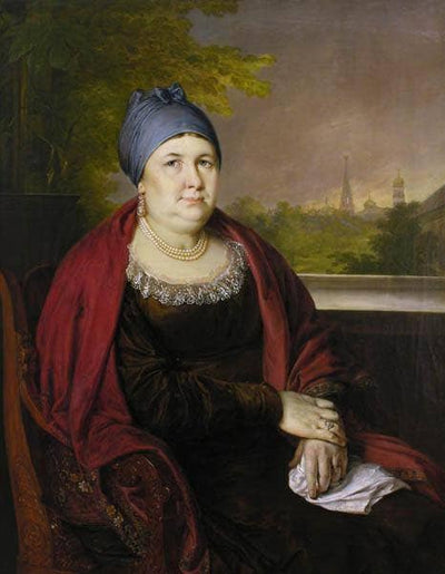 Portrait of a widow in a blue povoynik in study