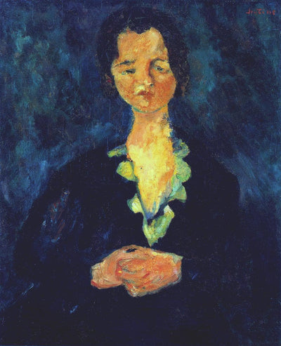 Portrait of a Woman on a Blue Background in entryway