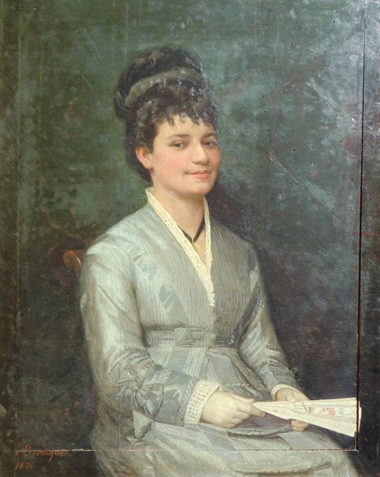 Portrait of a woman with a fan by Noè Bordignon — Oil Painting Reproduction