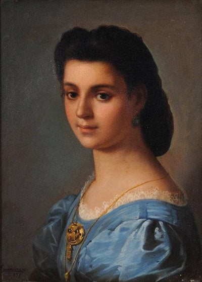 Portrait of a young girl in a blue dress in master bedroom