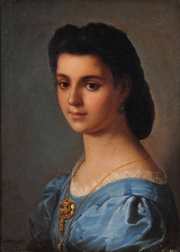 Portrait of a young girl in a blue dress by Michele Cammarano — Oil Painting Reproduction