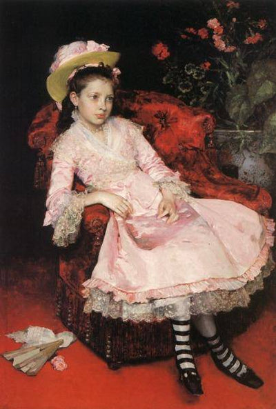 Portrait of a Young Girl in Pink Dress in living room