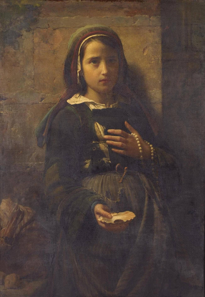 Portrait of a Young Girl, standing, three quarter length, holding a sea shell and rosary by Émile Auguste Hublin — Oil Painting Reproduction