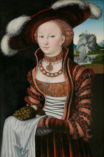 Portrait of a Young Woman Holding Grapes and Apples in study