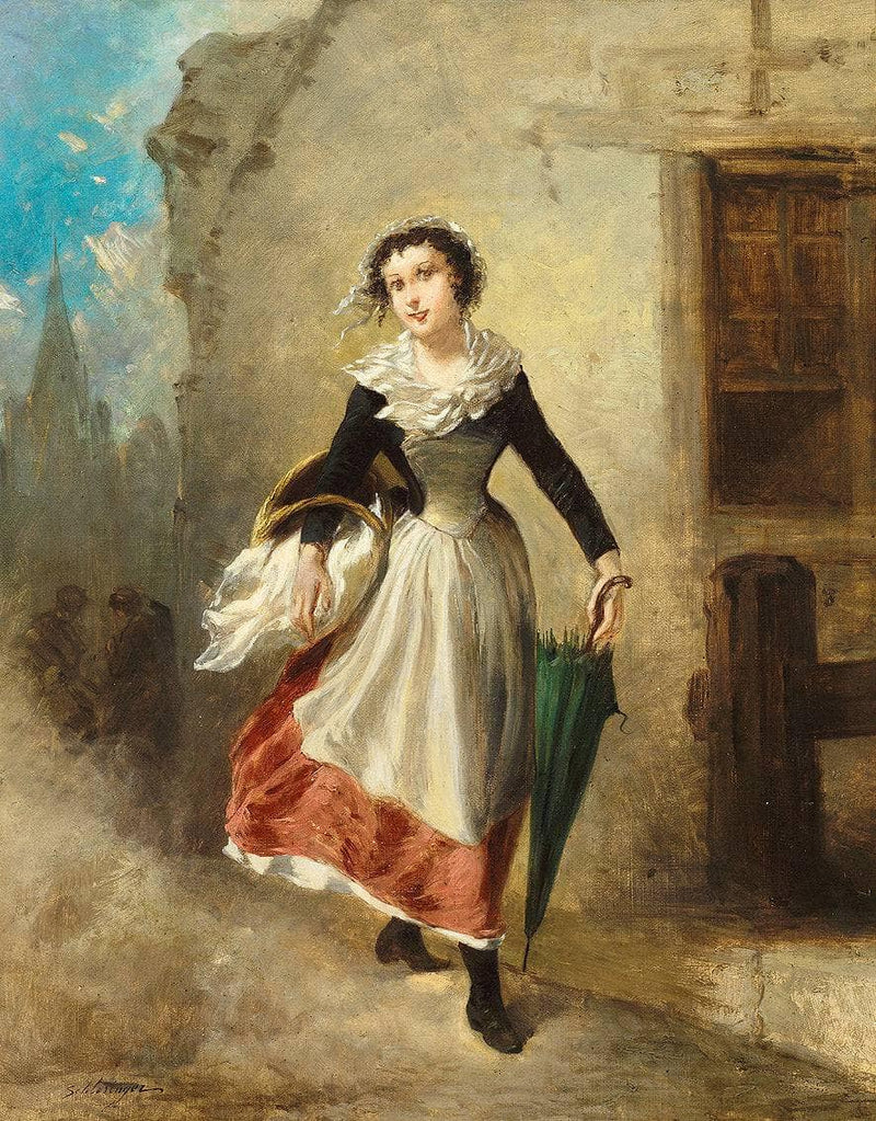 Portrait of a young woman on the street by Felix Schlesinger — Oil Painting Reproduction