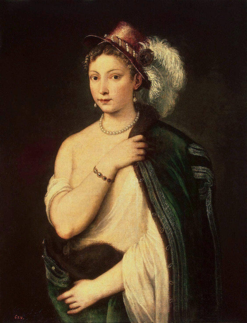 Portrait of a young woman with feather hat by Titian — Oil Painting Reproduction