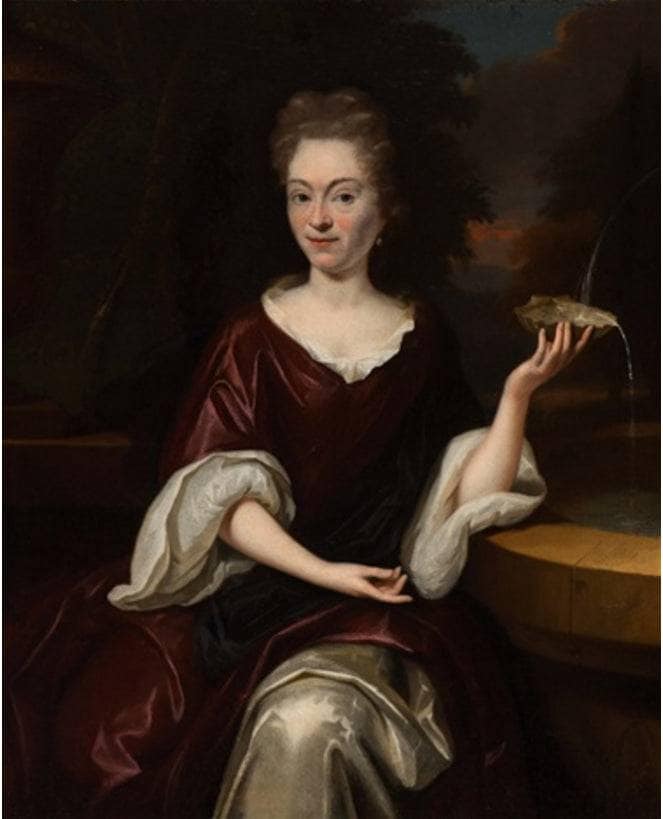 Portrait of An Elegant Lady Seated by a Fountain Holding An Oyster by Juriaen Pool — Oil Painting Reproduction