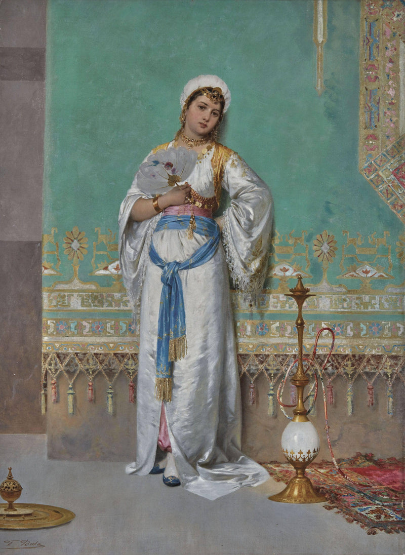Portrait of an oriental woman with a fan by Francesco Beda — Oil Painting Reproduction