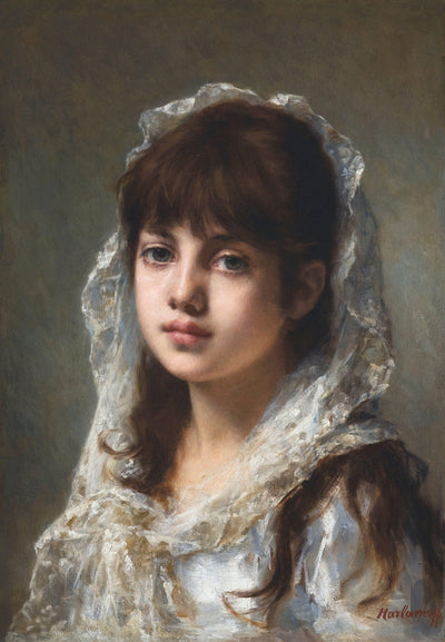 Portrait of ayoung girl wearing a white veil in home office