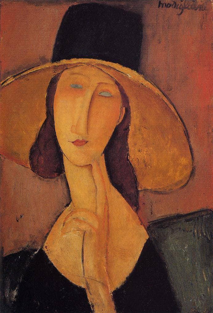 Portrait of Jeanne Hebuterne in a large hat by Amedeo Modigliani — Oil Painting Reproduction