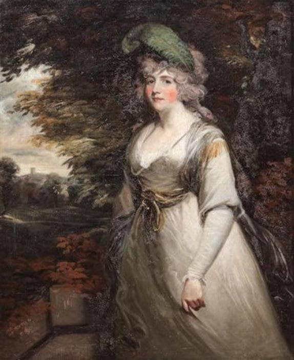 Portrait of Lady Boothby, three-quarter-length, in a grey dress and with a plume in her hair, standing in a landscape by John Hoppner — Oil Painting Reproduction