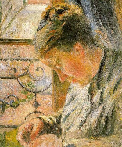 Portrait of Madame Pissarro Sewing near a Window in dining room