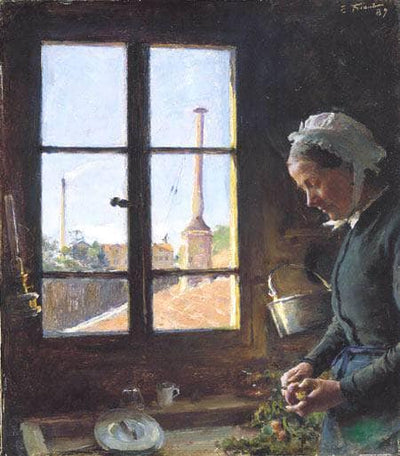 Portrait of my mother peeling a turnip, in front of a window in apartment