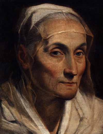 Portrait of old woman in bedroom