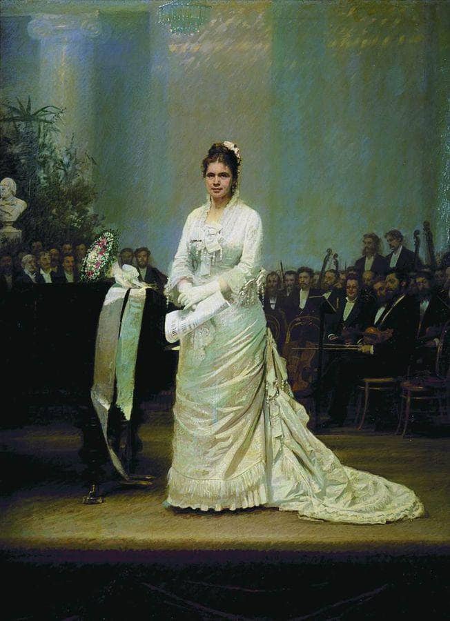 Portrait of singer Elizabeth Andreevny Lavrovsky, on stage at the Assembly of Nobility by Ivan Kramskoy — Oil Painting Reproduction