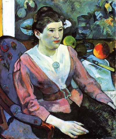 Portrait of woman against the Cezanne's still life with apples in living room