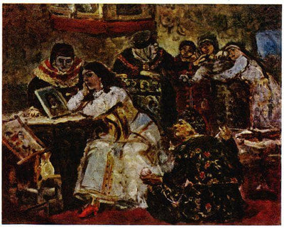 Princess Xenia Godunova with portrait of her dead groom prince in home office