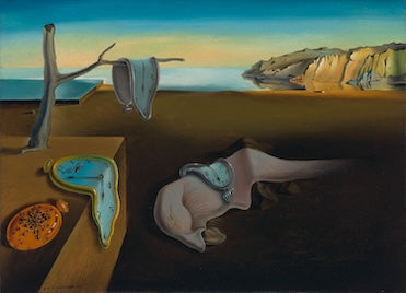 The Persistence of Memory by Salvador Dalí, three soft pocket watches draped over a bare branch, a rectangular block and a pale creature lying on the ground, with a cliff and a calm sea behind.