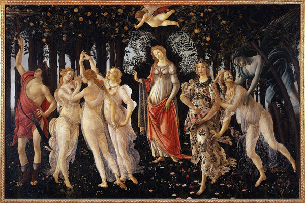 Primavera, by Sandro Botticelli, Tempera on panel and plaster, c. 1480–1485