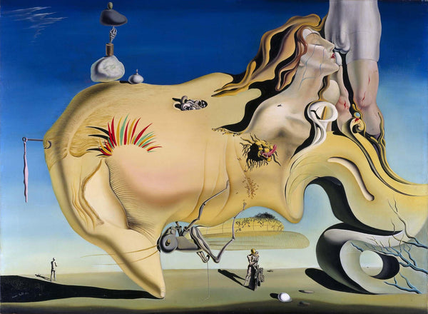 The Great Masturbator by Salvador Dalí, a large soft yellow head resting on the ground in a desert, a grasshopper clinging to its face and a woman's head rising from the back of it.