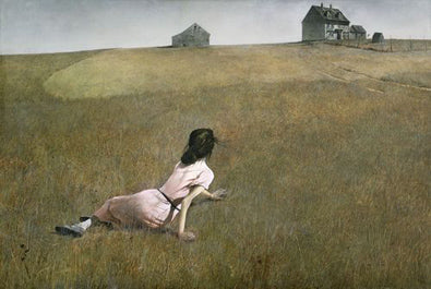 Christina's World by Andrew Wyeth, a young woman in a pink dress lying in a wide dry field, propped on her arms and facing a grey farmhouse and barn on the horizon.