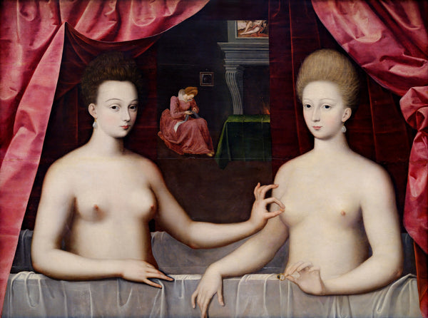 Gabrielle d'Estrées et une de ses sœurs, two nude women in a bath behind a parted curtain, one pinching the other's nipple.