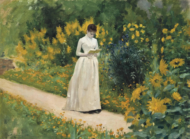 Reading on the Garden Path by Albert Aublet — Oil Painting Reproduction