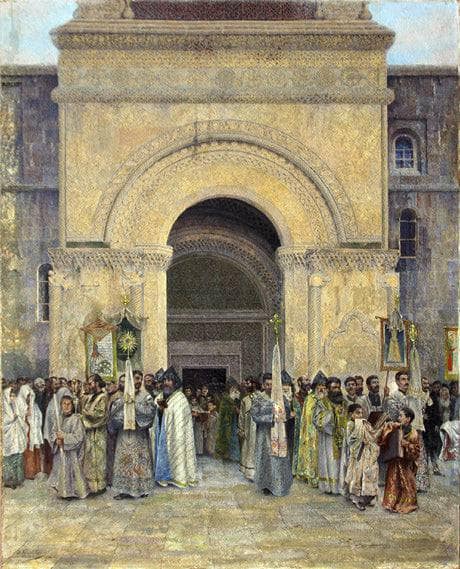 The Departure of the Procession from St. Etchmiadzin Cathedral by Vardges Sureniants — Oil Painting Reproduction