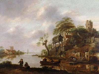 River landscape with a rowboat at a castle ruin in entryway