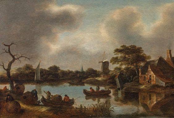 River landscape with fishing boats and windmill by Klaes Molenaer — Oil Painting Reproduction