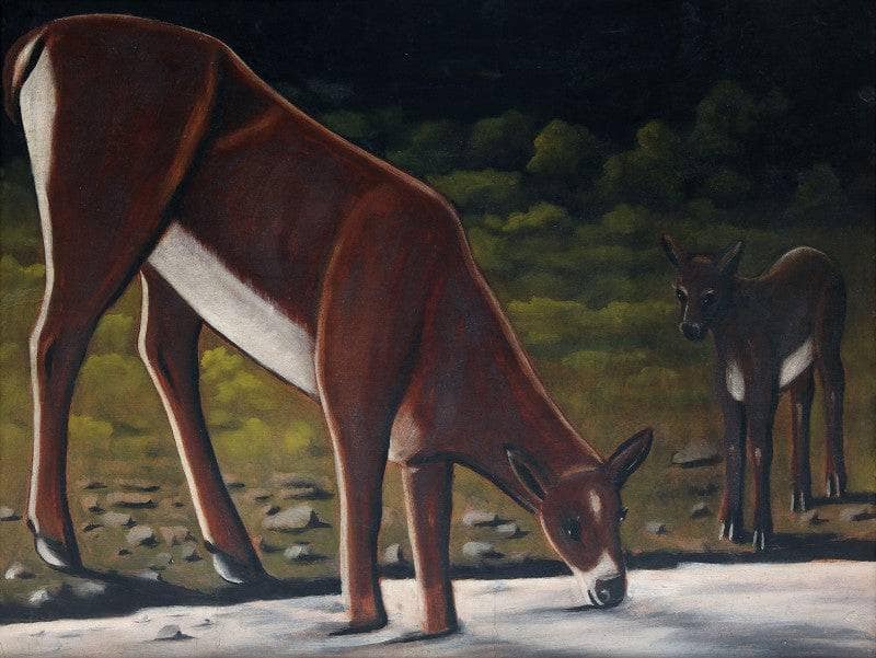 Roe deer with a fawn by the brook by Niko Pirosmani — Oil Painting Reproduction