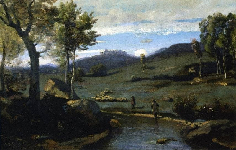 Roman Countryside Rocky Valley with a Herd of Pigs by Camille Corot — Oil Painting Reproduction