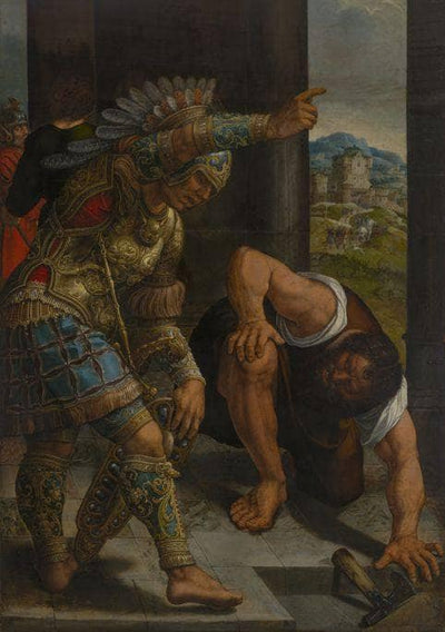 Roman Warrior in Armor and Kneeling Servant in living room