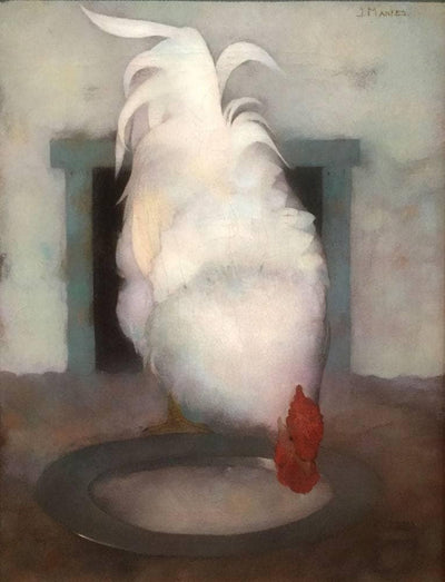 Rooster (wyandotte) With Tin Dish in kitchen