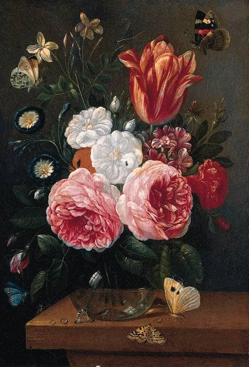 Roses, Cornflowers, a Poppy and a Tulip in a glass Vase on a Table with Moths, Beetles, a Caterpillar and Butterflies; and Roses, Jasmine, Convolvulus, Primula and a Tulip in a glass Vase on a Table with Butterflies and a Caterpillar by Jan van Kessel the Elder — Oil Painting Reproduction