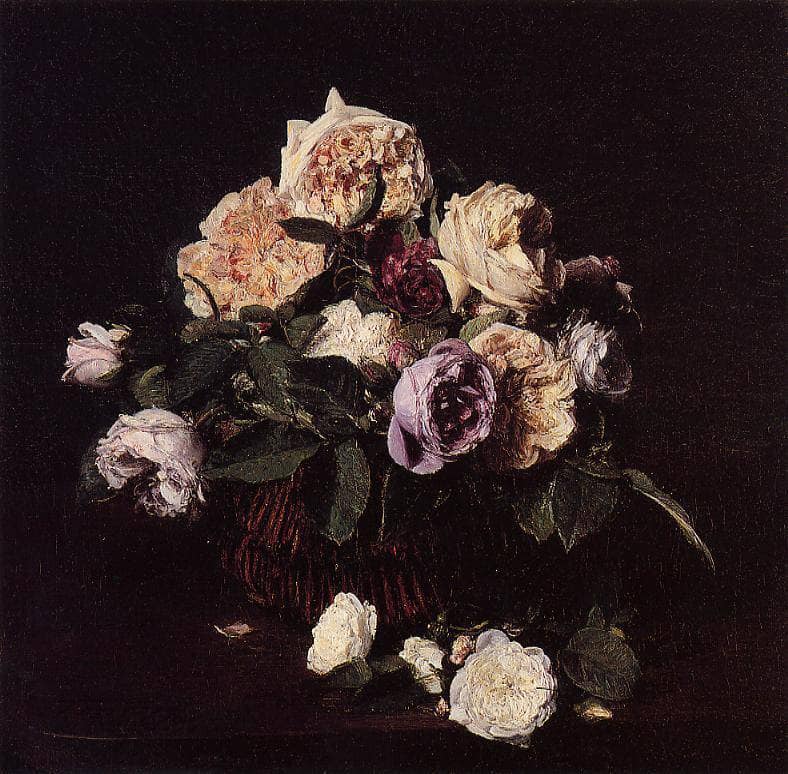 Roses in a Basket on a Table by Henri Fantin-Latour — Oil Painting Reproduction