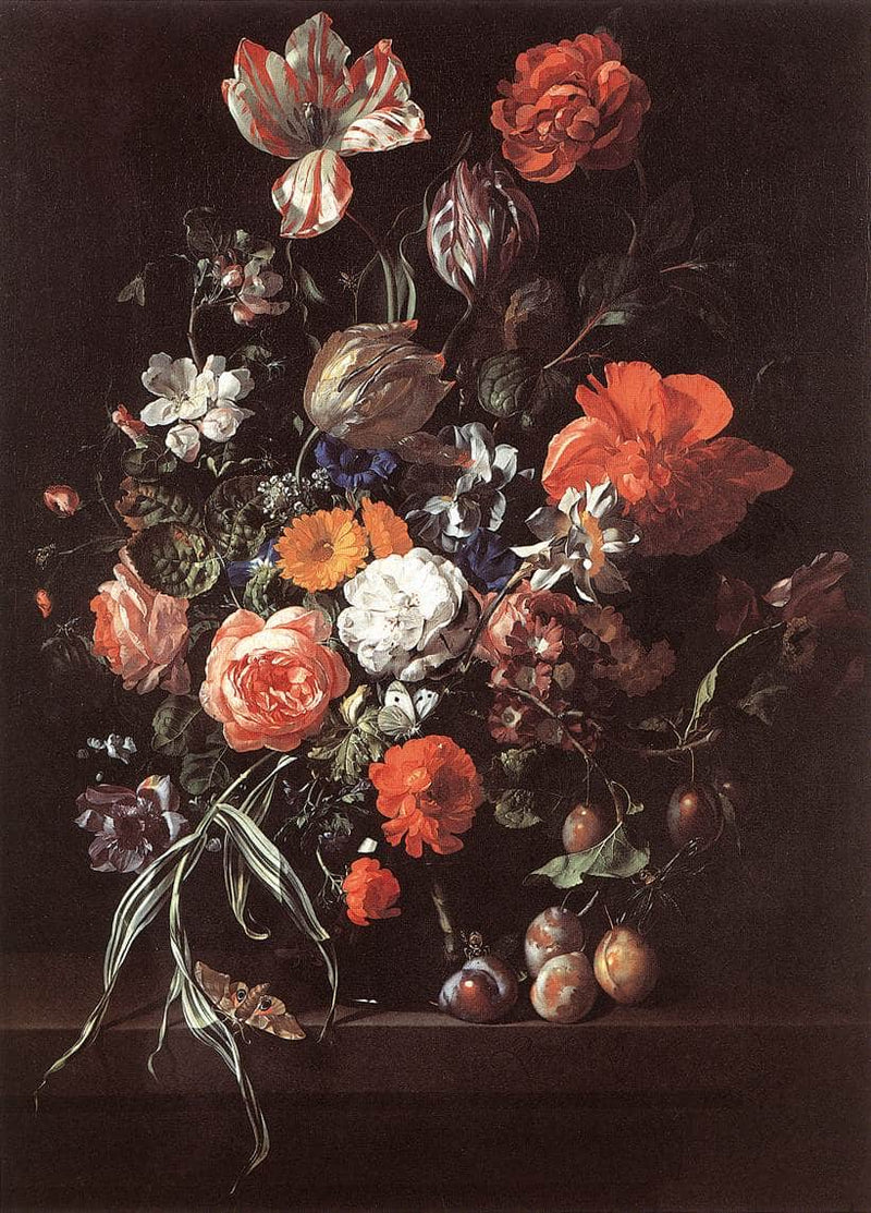 Roses, Tulips, Ranunculus and Other Flowers in a Glass Vase, with Plums by Rachel Ruysch — Oil Painting Reproduction