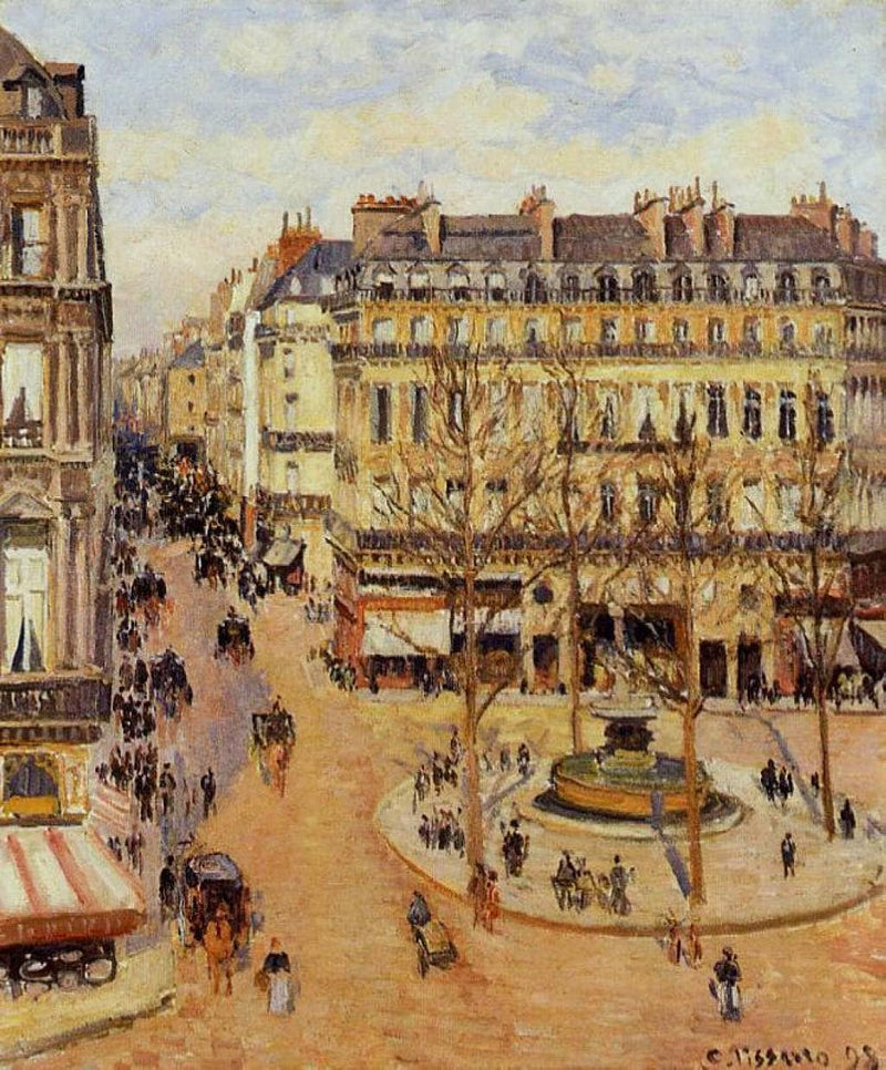 Rue Saint Honore Morning Sun Effect, Place du Theatre Francais by Camille Pissarro — Oil Painting Reproduction