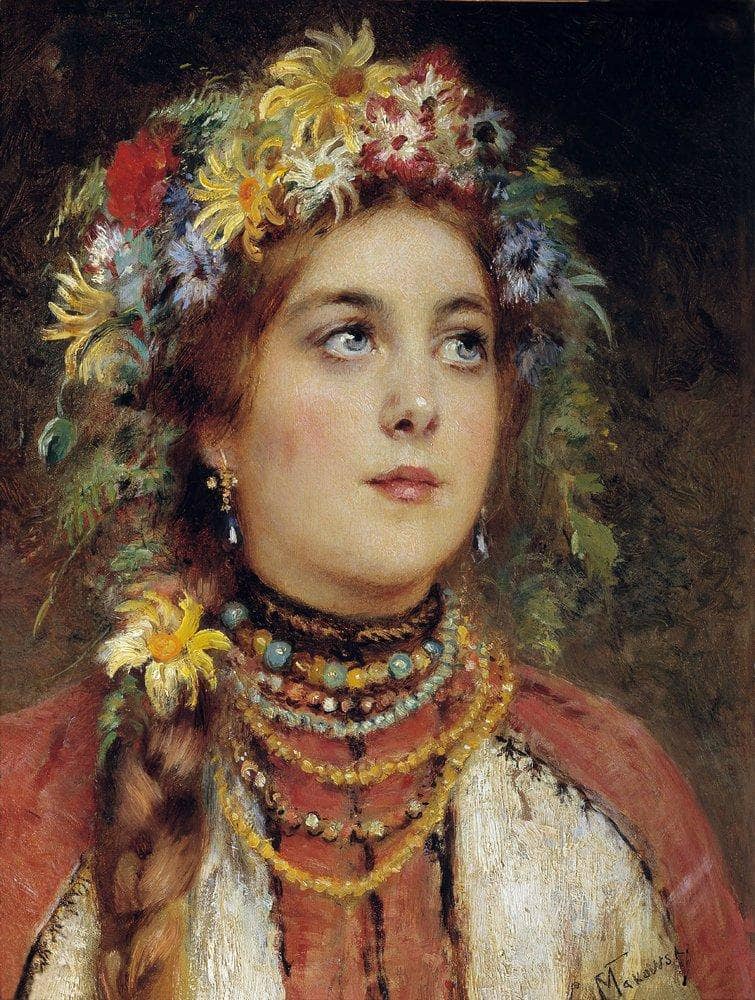 Russian Beauty in Summer Garland by Konstantin Makovsky — Oil Painting Reproduction