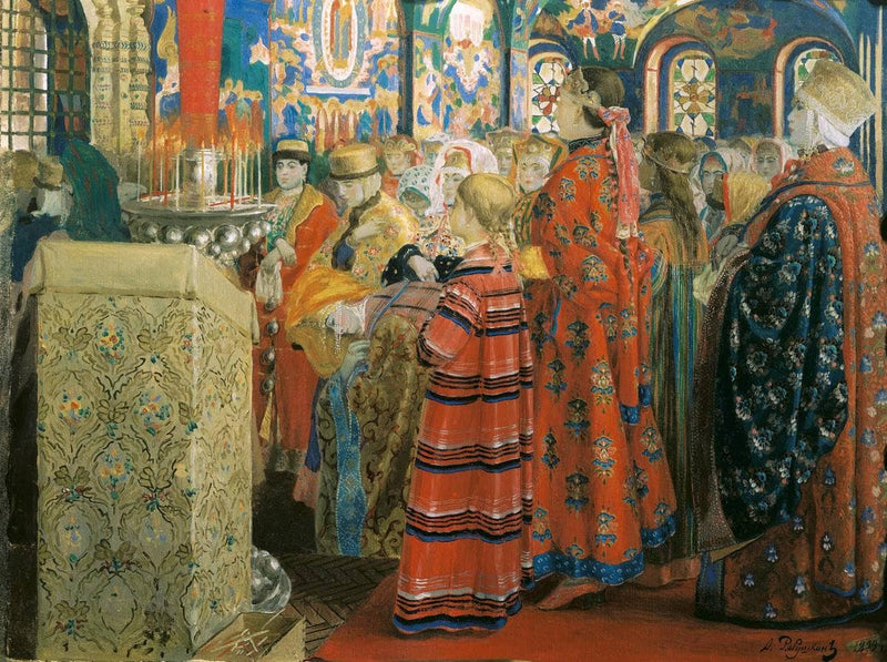 Russian Women of the XVII century in Church by Andrei Ryabushkin — Oil Painting Reproduction