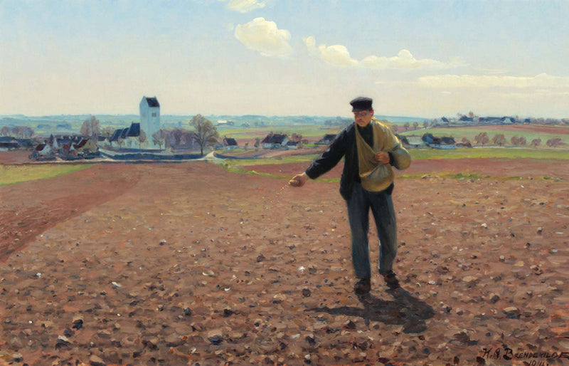 A Sower of the Field on a Sunny Spring Day at Brendekilde Church by Hans Andersen Brendekilde — Oil Painting Reproduction
