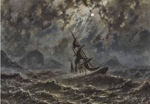 Sailboat on stormy sea under full moon by Knud Baade — Oil Painting Reproduction