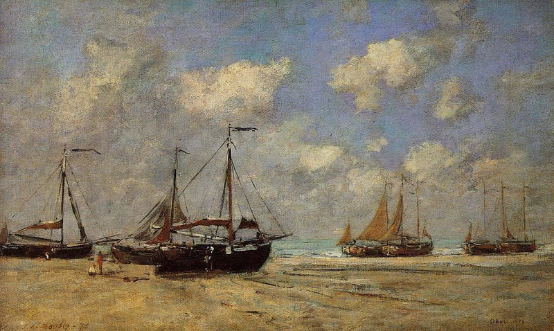 Scheveningen, Boats Aground on the Shore by Eugene Boudin — Oil Painting Reproduction