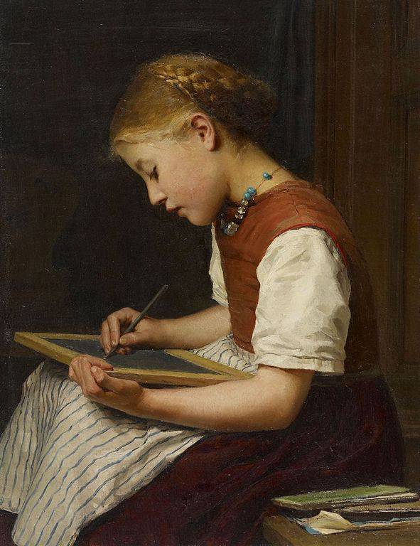 Schoolgirl doing homework by Albrecht Anker — Oil Painting Reproduction