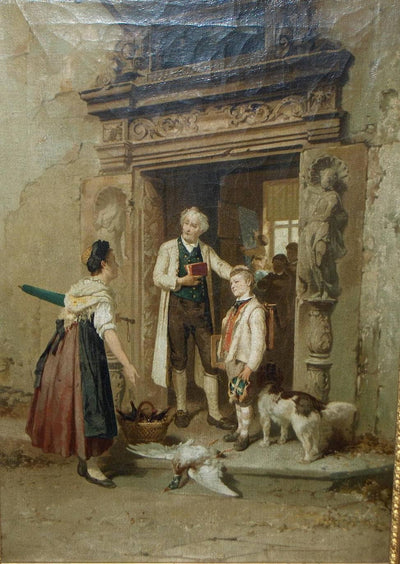 Schoolmaster and pupil receiving a guest in modern living room