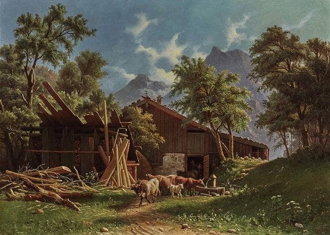 Cows in front of stable in mountain landscape by Knud Baade — Oil Painting Reproduction