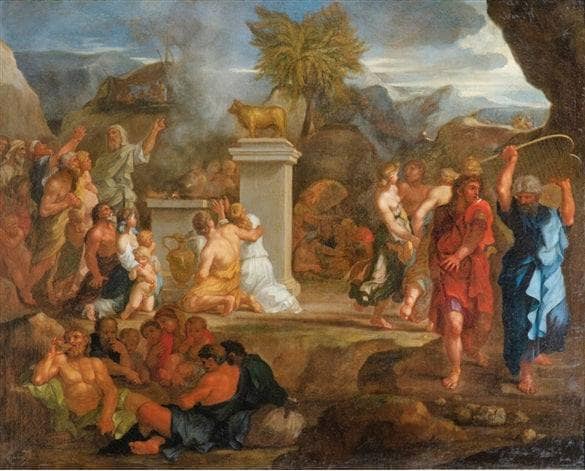 The adoration of the golden calf by Sebastien Bourdon — Oil Painting Reproduction