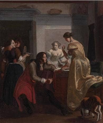 Elegant Company in an Interior, Playing Rock Paper Scissors in study
